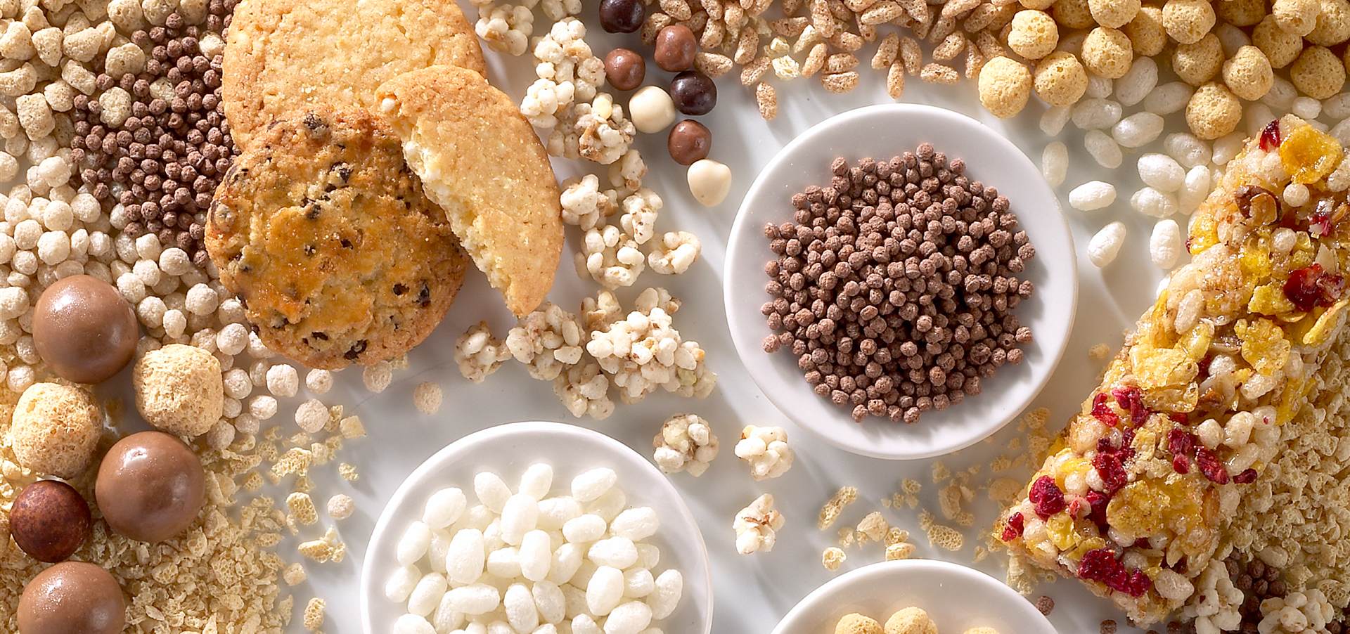 Assortment of GEMEF extruded cereals used in chocolate and bakery production